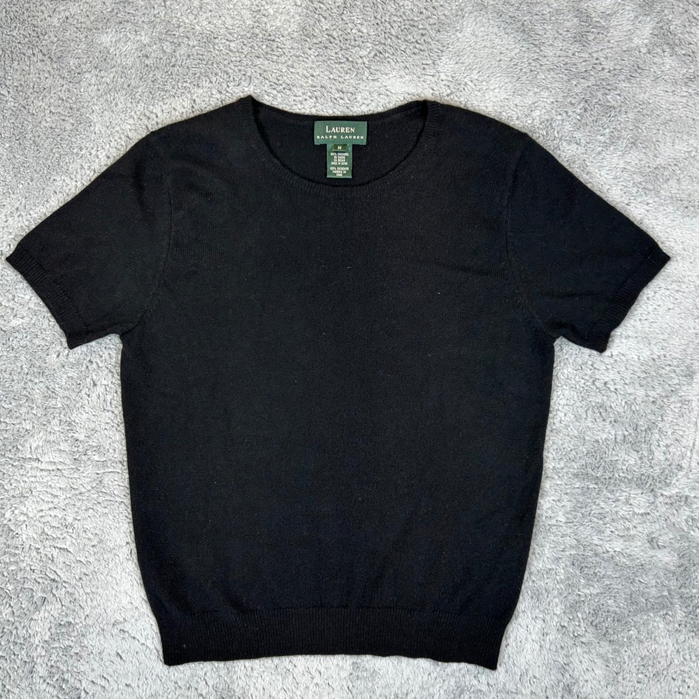 Lauren Ralph Lauren Black 100% Cashmere Short Sleeve Crew Neck Sweater M